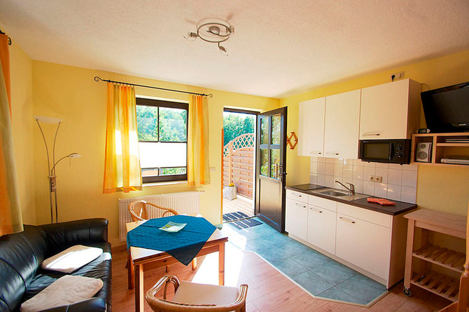 Ferienwohnung in Klein Bollhagen - Am Ostseestrand - Wohnzimmer mit K&uuml;chenzeile